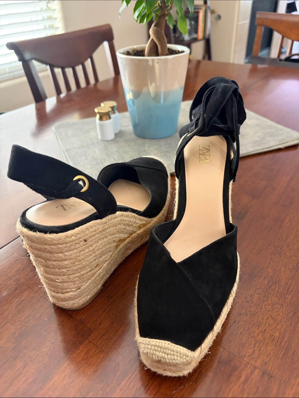 Zara Black Suede Espadrille Wedge Sandals with Ankle Tie